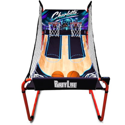 PartyLife 2-Player Basketball Arcade Game w/Optional LED Lights | Electronic Scoring | 5 Balls, 1 Pump, 8 Games | Folding Design | Heavy-Duty Steel Frame - Choose Your Model - color: CHARLOTTE, style: Base Model