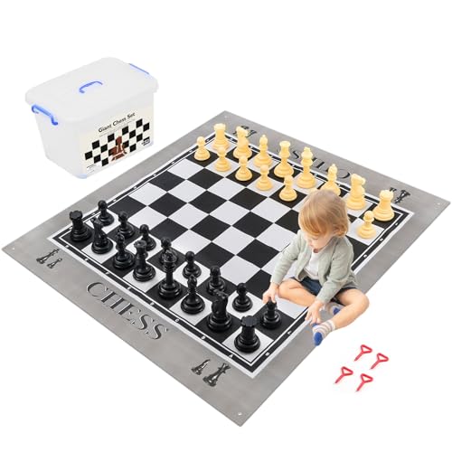 ELONGDI Giant Outdoor Chess Set Oversized Plastic Chess Pieces with Bases Lightweight 71" Chess Mat Floor Games for Kids and Adults - 9.8 Inches Tall King & Storage Bins with Lids