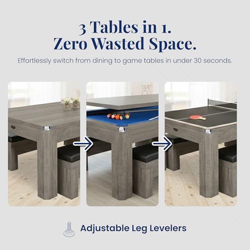Hathaway Newport 7 Foot Pool Table Combo – 3 in 1 Game Table with Reversable Table Tennis Top & Dining Top – Includes Game Accessories & Two Benches – Chrome Accents, Rustic Gray Finish, Blue Felt