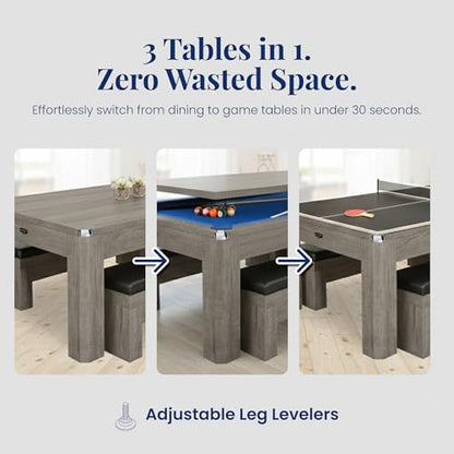 Hathaway Newport 7 Foot Pool Table Combo – 3 in 1 Game Table with Reversable Table Tennis Top & Dining Top – Includes Game Accessories & Two Benches – Chrome Accents, Rustic Gray Finish, Blue Felt