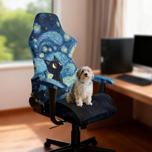 Suobstales Cat Starry Night Print Gaming Chair Slipcovers, Office Chair Cover Stretch Computer Desk Chair Covers with Armrest Covers, Rotating Armchair Protector Covers - color: Cat Starry Night