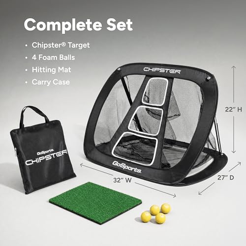 GoSports Chipster PRO Golf Chipping Net - Portable Outdoor & Indoor Golf Practice Target with Hitting Mat and 4 Foam Balls - Best Gifts for Golfers - Black
