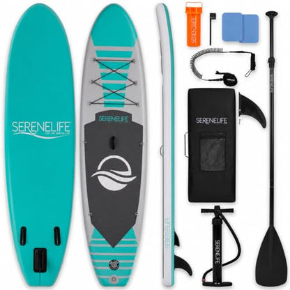 SereneLife 10’6” Inflatable Stand Up Paddle Board with Premium SUP Accessories - 32” Wide Stable Design with Non-Slip EVA Deck Pad, for Youth and Adults, 350 lbs. Capacity - color: Aqua Mint