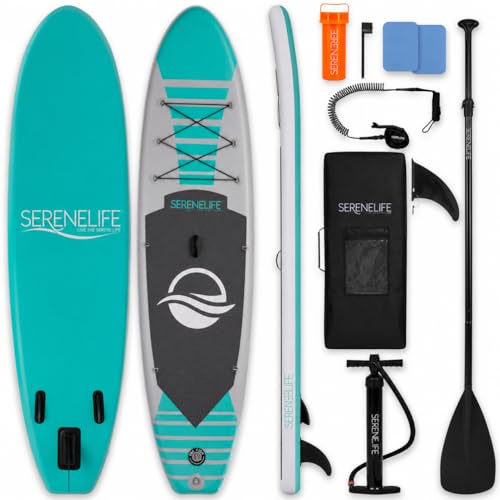 SereneLife 10’6” Inflatable Stand Up Paddle Board with Premium SUP Accessories - 32” Wide Stable Design with Non-Slip EVA Deck Pad, for Youth and Adults, 350 lbs. Capacity - color: Aqua Mint