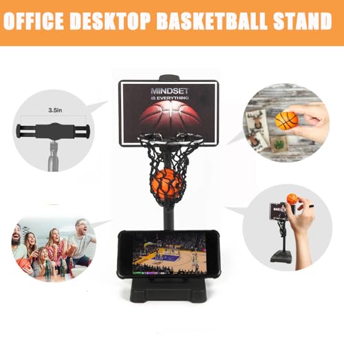 GYSH Mini Desktop Basketball Hoop for Office,Tiny Tabletop Basketball Game Toy,Desk Toys for Office for Adults,Indoors Smallest Foam Basketball,with Phone Holder(Stands) - style: Basketball Stands