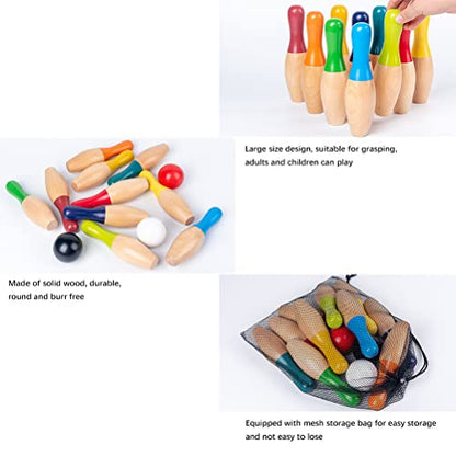 Wooden Bowling Game, Garden Game Set with 10 Pins 3 Balls and Mesh Bag for Adults, Indoor Outdoor Lawn Backyard Activity