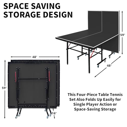 8ft Black Foldable Portable Table Tennis Table Set with Net, 2 Paddles, 3 Balls for Indoor Games - Competition Grade, Playback Mode