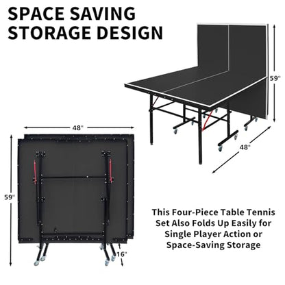 8FT×4FT Black MDF Indoor Table Tennis Table with Quick Clamp Ping Pong Net with Two Rackets and Three Balls，Foldable Single-Player Game-Black