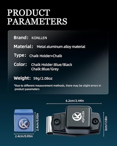 KONLLEN Magnetic Pool Chalk Holder and Nano Cue Chalk Set, Low-Dust Billiard Chalk Combo with Quick One-Hand Access for Better Grip and Control - color: Blue with Black Holder