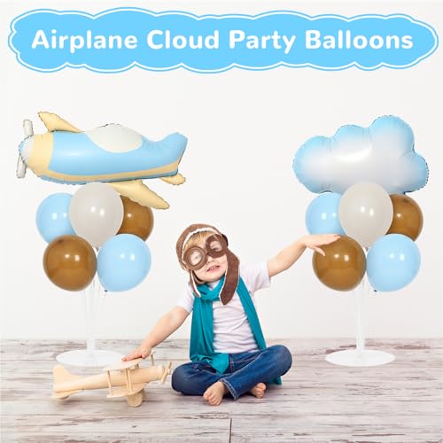 Airplane Baby Shower Birthday Party Decorations Balloons Stand Kit 2 Sets with 2 Airplane Cloud Foil Balloons Baby Boy Shower Balloon Centerpiece for Table for Kid Time Flies 1st Birthday Party Decor - style: Airplane Cloud
