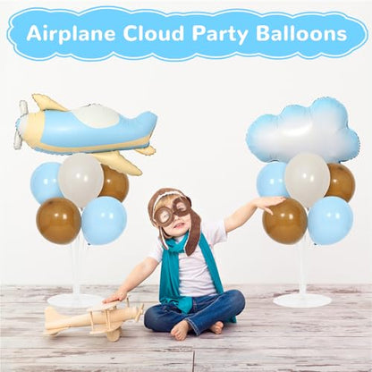 Airplane Baby Shower Birthday Party Decorations Balloons Stand Kit 2 Sets with 2 Airplane Cloud Foil Balloons Baby Boy Shower Balloon Centerpiece for Table for Kid Time Flies 1st Birthday Party Decor - style: Airplane Cloud
