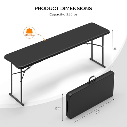 VINGLI 6 FT Narrow Folding Table, Tabletop Folded in Half, Premium Quality HDPE Material and Sturdy Metal Frame, Perfect for Buffet, Seminar, Party, Training, Home Work, Black - color: Black