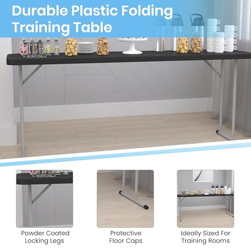 EMMA + OLIVER 6' Rectangular Plastic Folding Table, Long Plastic Foldable Table for Residential Indoor/Outdoor Events, Black - color: Black