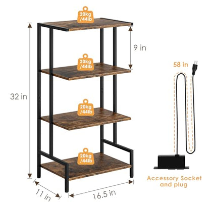 Arbuxzuy 4-Tier AV Media Stand with Power Outlet and LED Lights,Wooden Stereo Stand Cabinet,Game Console Shelf for Small Space,Audio Rack Stand Tower Ideal for Video DVD Players,Xbox - color: Rustic Brown
