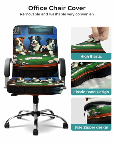 Abstract Animal Office Chair Cover, Dog in The Room Play Poker Games Universal Stretch Desk Rotating Chair Slipcovers, Removable Seat Protector with Zipper, M - color: Dark Green Brown, size: Medium