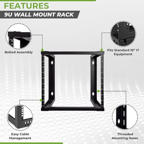 NavePoint 9U Wall Mount Rack - Server Rack for 19 Inch IT Equipment Open Frame Rack – Network Rack for AV & Server Equipment 16” Deep Rack, Black - size: 9U