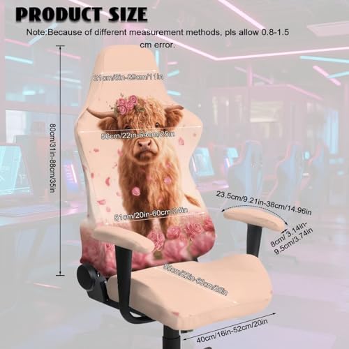 Suobstales Highland Cattle Rose Pattern Gaming Chair Covers with Armrest Cover, Stretch Washable Computer Gaming Chair Slipcovers for Armchair, Swivel, Computer Boss Chair - color: Highland Cattle Rose