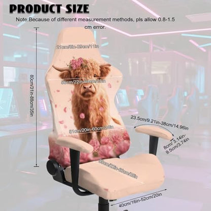 Suobstales Highland Cattle Rose Pattern Gaming Chair Covers with Armrest Cover, Stretch Washable Computer Gaming Chair Slipcovers for Armchair, Swivel, Computer Boss Chair - color: Highland Cattle Rose