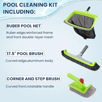 Sepetrel 3-Piece Pool Cleaning Kit (No Pole), 17.5" Aluminum Wall Brush, Leaf Skimmer Net with Rubber Edge and 90° Rotatable Scrub Brush for Above Ground Pools and Vinyl Liners