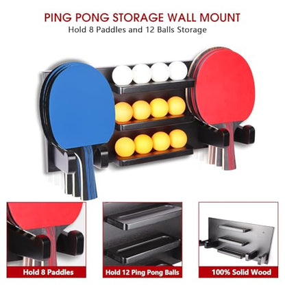 Ping Pong Paddle Holder, Ping Pong Paddle Storage Rack Wall Mounted Holds 8 Paddles and 12 Balls, Table Tennis Racket Display Organizer for Game Room,Home - color: Black