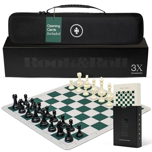 Rook & Roll Tournament Size Chess Set for Adults 15+ with 54 Opening Cards, 20”x20” Roll Up Mousepad Board, Triple Weighted Staunton Pieces, 3.75” King, 2.2 oz, 2 Extra Queens, EVA Case