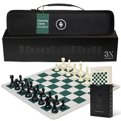 Rook & Roll Tournament Size Chess Set for Adults 15+ with 54 Opening Cards, 20”x20” Roll Up Mousepad Board, Triple Weighted Staunton Pieces, 3.75” King, 2.2 oz, 2 Extra Queens, EVA Case