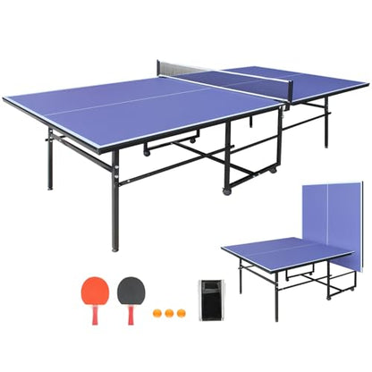 9×4.1ft Blue Professional MDF Indoor Table Tennis Table with Quick Clamp Ping Pong Net with Two Rackets and Three Balls-Blue