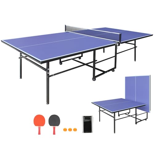 KEIKI Foldable 8FT/8.5FT/9FT Ping Pong Table Set, Portable Indoor Table Tennis Table with 0.2'' Durable MDF Top, Quick Game Mesa de Ping Pong para Adultos with Net, 2 Paddles & 3 Balls - color: Blue, size: 9FT×4.1FTT