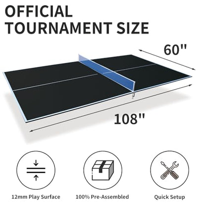 GOWE 9ft Black Mid-Size Ping Pong Conversion Top Foldable & Portable Table Tennis Table Top for Indoor Games
