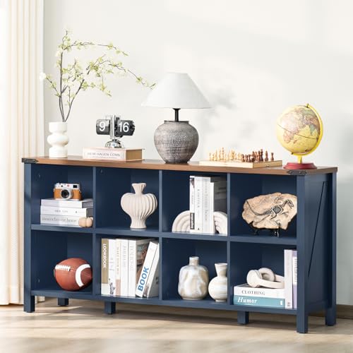 Joaxswe 8 Cube Book Shelf, Farmhouse Wood Long Storage Organizer Bookcase, 62" Horizontal Navy Blue Console Closet Bookshelf, Hallway TV Stand for Entryway, Display Cabinet Book Case for Living Room - color: Navy Blue, size: 8 Cube (13.6"D x 62"W x 29.7"H