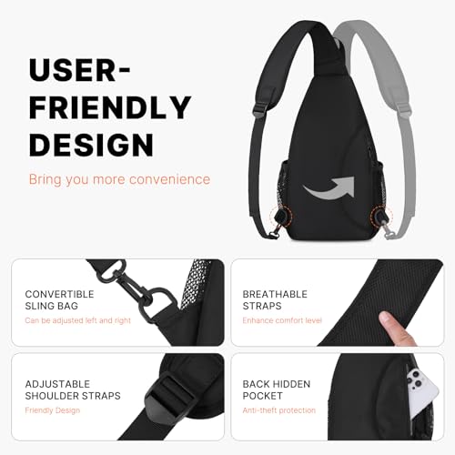 MOSISO Crossbody Sling Bag for Men Women, Sling Backpack Travel Hiking Daypack, Small Cross Body Shoulder Bag Daypack with 3 Front Pockets for Outdoor Casual Commuting, Black