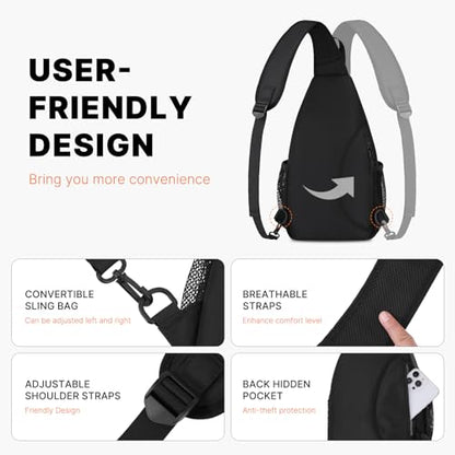 MOSISO Crossbody Sling Bag for Men Women, Sling Backpack Travel Hiking Daypack, Small Cross Body Shoulder Bag Daypack with 3 Front Pockets for Outdoor Casual Commuting, Black
