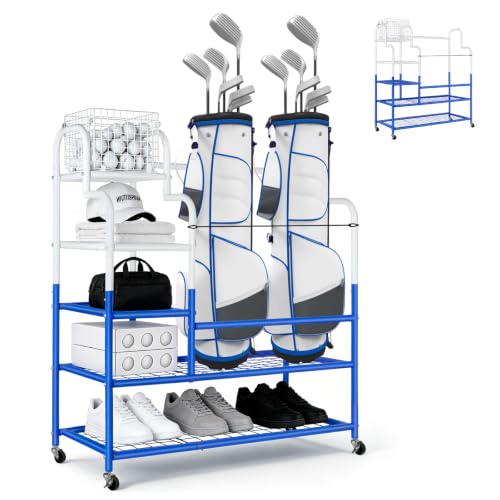 Golf Bag Storage Garage Organizer for 2 Bags, Golf Storage Rack with Wheels | 50% More Space Multi-Zone,All-In-One 5tier Compact,Extra Bottom Storage,4 360° Casters,Movable Basket,Small Garage,Heavy-Duty - size: 2 Golf Bag Rack丨36"(L)x15.8(W)"x44.6"(H)