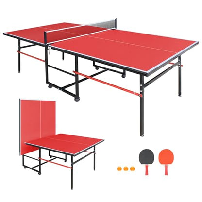 8FT Outdoor Ping Pong Table, Foldable & Portable Table Tennis Set with Net, 2 Paddles & 3 Balls, Game Table with Single Player Playback Mode - color: Red