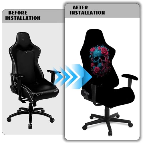 Skull Rose Print Gaming Chair Cover with Armrest Covers Dust-Proof Breathable Computer & Gaming Chair Slipcover Set of 4 Easy to Install Home Decorations - color: Black - Skull Rose
