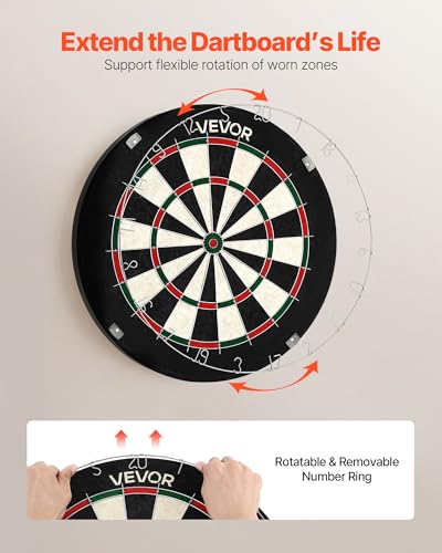 VEVOR Dartboard with 6 Darts & Scoring Kit, Self-Healing Sisal Fibers Dartboard with Staple-Free Bullseye & Rotating Number Ring, 17.7" Professional Steel Tip Dart Board Set for Home Party Game Rooms