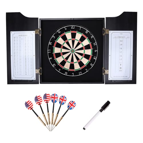 GSE Games & Sports Expert Professional Solid Wood Classic Dartboard Cabinet with Sisal/Bristle Dartboard, Scoreboard, and 6 Steel Tip Darts, Easy Assembly Complete with All Accessories (Black)