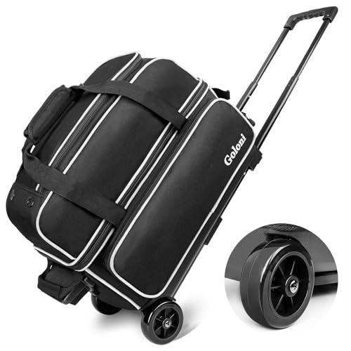 Goloni Double Roller 2 Ball Bowling Bag with Separate Shoe Compartment,2 Ball Bowling Bag with Wheels,Retractable Handle Extends to 40" - color: Black/white