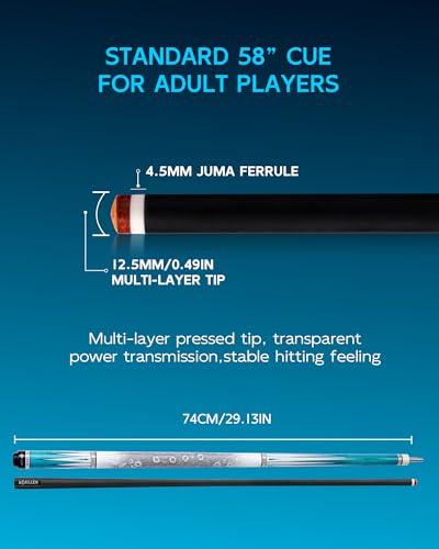 KONLLEN Carbon Fiber Pool Cue 2.0, 58-inch Low Deflection Billiard Stick for Adults with 12.5mm Tip and Pro Taper - color: 005 AK-05F 2.0-blue