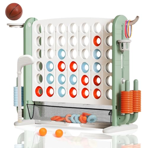 Giant 4-in-A-Row Connect Game Set, Adjustable Height Jumbo Yard Game with Golf, Basketball Hoop, Ring Toss & Mesh Pocket, Indoor & Outdoor Yard Connect Game for Kids Adults Family - color: Green