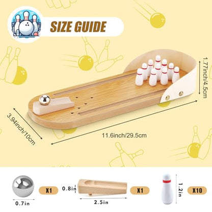 Mini Bowling Game Set, Wooden Tabletop Board Game | Portable Tabletop Play Kit, Stress Relief Desktop Toy, All-Ages Gift, White Elephant Present For Office Gatherings