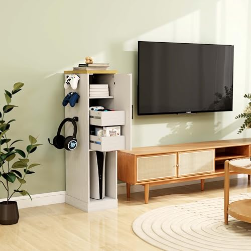 44.5” Media Storage Cabinet, Media Cabinet with 2 Built-in Drawers 3 Hooks & Shelf, Stereo Cabinet for Living Room, Easy Assembly