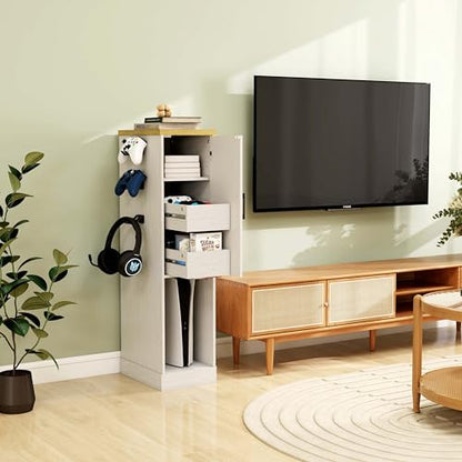 44.5” Media Storage Cabinet, Media Cabinet with 2 Built-in Drawers 3 Hooks & Shelf, Stereo Cabinet for Living Room, Easy Assembly