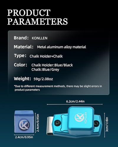 KONLLEN Magnetic Pool Chalk Holder and Nano Cue Chalk Set, Low-Dust Billiard Chalk Combo with Quick One-Hand Access for Better Grip and Control - color: Blue with Blue Holder