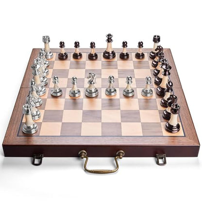 Deluxe Chess Set 16.5'' Wooden Large Folding Chess Board Game with Handle, Weighted Acrylic Chess Pieces - 3.5" King with Storage Slots for Beginners, Professional Players