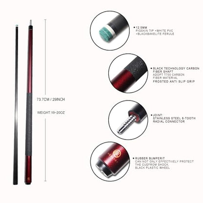 EAGLEKING Carbon Fiber Pool Cue 58" Professional - 12.5mm Low-Deflection Tip with Leather Grip - Enhanced Accuracy for Billiards & Home Entertainment