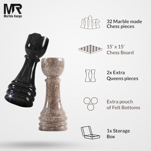 Marble Chess Set 15" Inches Black and Oceanic with Storage Box and 2 Extra Queen Handmade Luxury Board Games for Adults, Ideal Marble Chess Board Game Set & Chess Pieces - color: Black & Oceanic