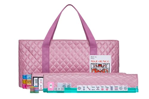 American Mahjong Set – Complete Set with Quilted PU Leather Carrying Bag, Tile Racks with Pushers, 166 Engraved Tiles, Dice, Bettor, and Instructions (PU Purple Pink) - color: Pu Purple Pink
