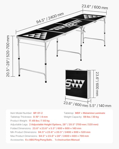 VEVOR 8 Foot Portable Beer Pong Table, Carrying Handles and 6 Pong Balls, Adjustable Height, Lightweight Table for Office, Tailgate Party, Travel and Camping, Black