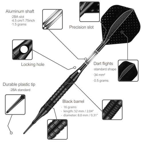 Darts Plastic Tip Set - 18g 21g Colorful Rainbow Soft Tip Darts 50 Anti-Loose O-Rings 6 Shaft (Aluminum/Nylon 45mm) 6 Durable Flights Extra 50 Soft Tips Electronic Dartboard - color: Black-DART-D